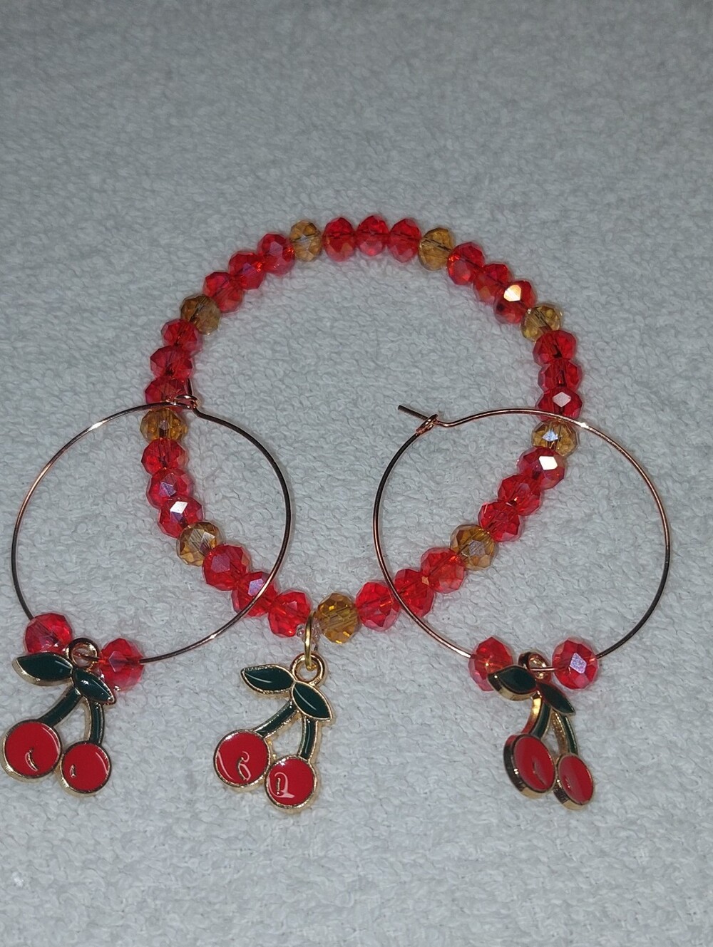 Handmade Cherry Charm Red Beaded Hoop Earrings and Bracelet Set